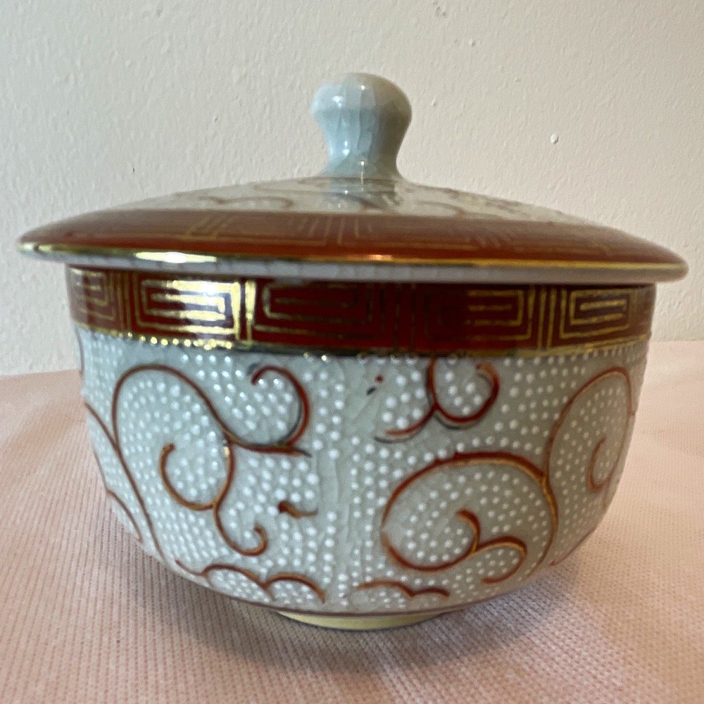 Vintage Japanese Kutani Teacup Crackle Glaze White Brown Yunomi Shirochibu